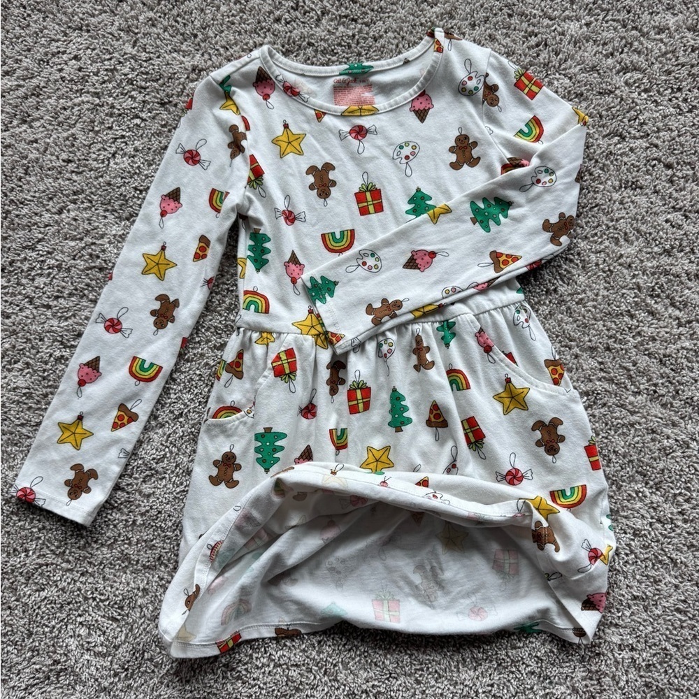 Cat & Jack Girls Holiday Print Long Sleeve Dress – Size Small (6/7) - Picture 7 of 8